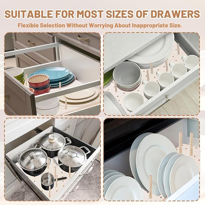 3 Pcs Wood Pegboard Drawer Organizer with 24 Pegs Wooden Peg Board Drawer Shelf Organizer Adjustable Peg System for Dishes Pl