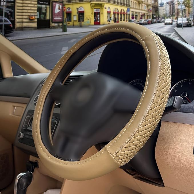 Flying Banner car Steering Wheel Cover Faux Leather Massage Universal fit 3D Honeycomb Hole Anti-Slip Sporty 15 Inches (Tan T