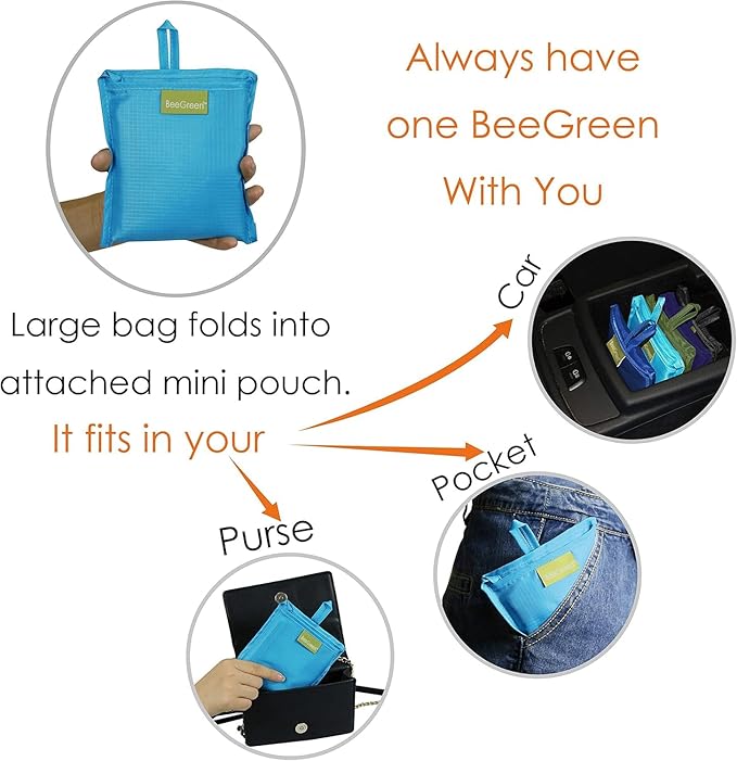BeeGreen Reusable Shopping Bags Foldable-Machine Washable with Zipper Storage Pouch, 20 Pieces