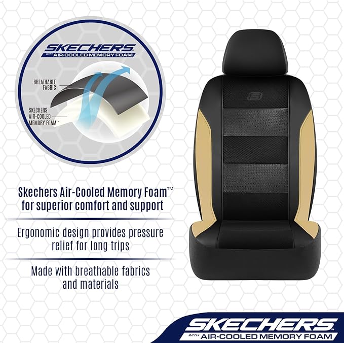 Skechers Aircooled & Memory Foam Seat Covers,Premium Leather with EVA Mesh Car Seat Covers,Seat Cover Full Sets,Airbag Compat