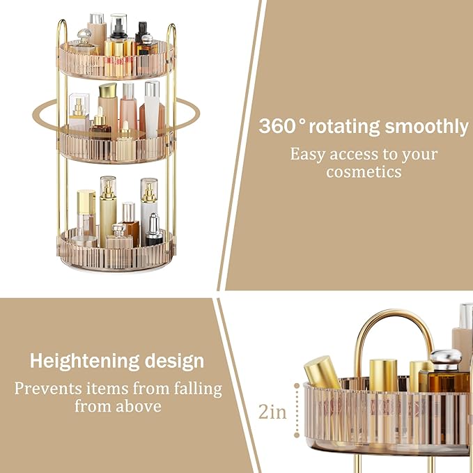 MOKANI 360 Rotating Makeup Organizer for Vanity, 3 Tier Adjustable Perfume Organizer for Dresser, Multi-Function Spinning Cos