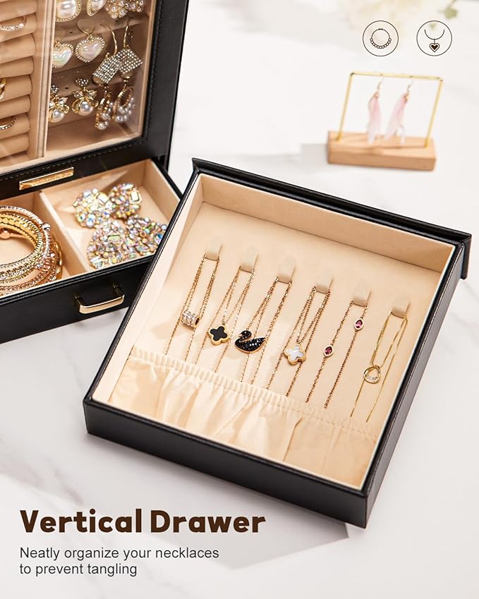 Homde Jewelry Organizer Girls Women Jewelry Box for Necklaces Rings Earrings Gift Bracelets Storage Case (Black + Gold)