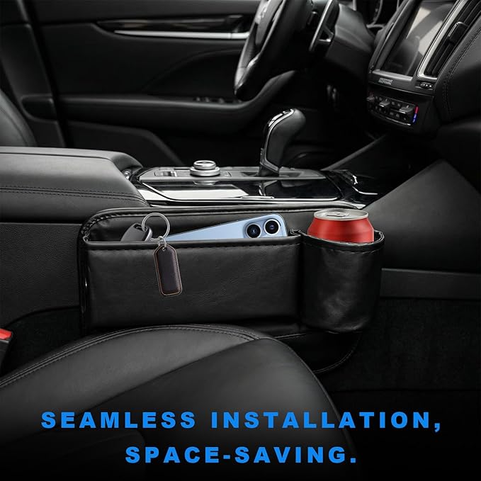 2 PCS Car Seat Gap Filler Organizer, Auto Front Seat Storage Box Anti-Drop Gap Filler with Cup Holder, Premium Leather Auto Console Side Organizer for Holding Phone Glasses Drinks