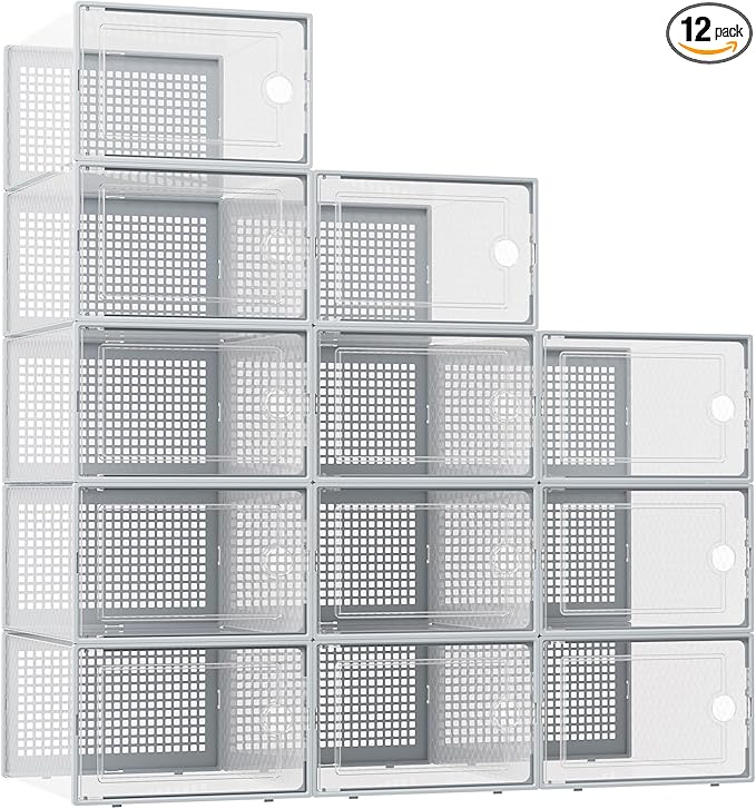 Kuject XX-Large Shoe Storage Boxes Organizers Clear Plastic Stackable 12 Pack, Shoe Rack & Holder Substitute, Sneaker Contain