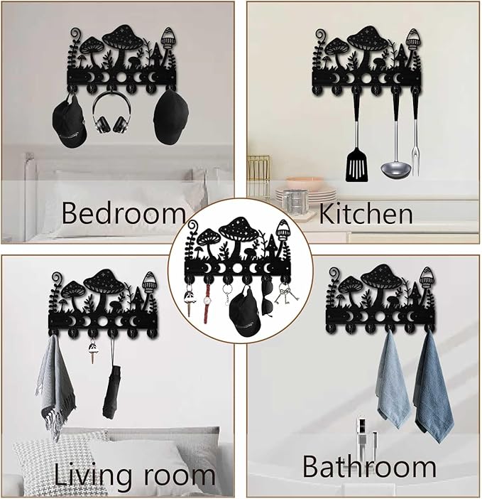 Mushroom Key Holder Black Key Holder Wall Mount 11.8 x 7.5 Inch Moon Phases Grass Wooden Keychain Hanger Organizer Rack with 