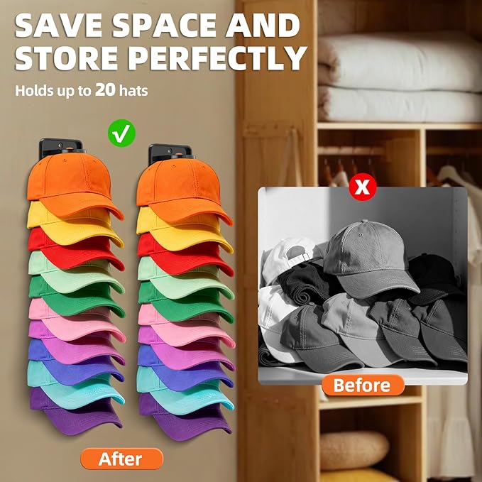Spring-Loaded Hat Organizer for Baseball Caps (2 Pack) – Holds 20 Caps, Quick Insert & Smooth Release with Secure Hold, Wall 