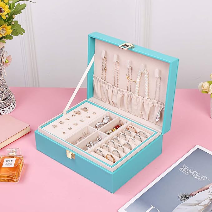 Voova Jewelry Box Organizer for Women Girls, 2 Layer Large Men Jewelry Storage Case, PU Leather Display Jewellery Holder with