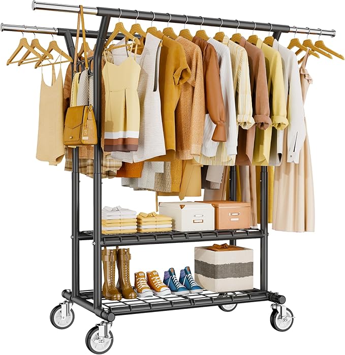 HYSEYY Heavy Duty Clothes Rack, Rolling Clothing Rack With Shelves Load 620 LBS, Double Rod Clothing Racks for Hanging Clothe