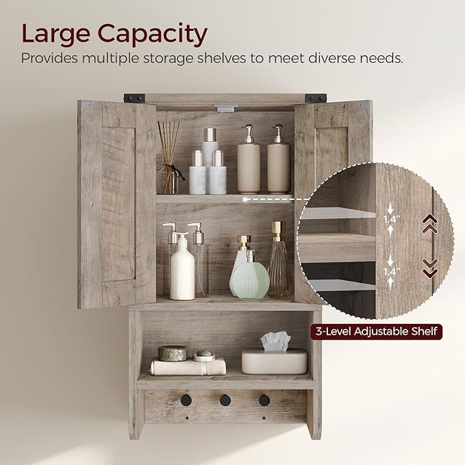 MAHANCRIS Bathroom Wall Cabinet, Farmhouse Medicine Cabinet with Adjustable Shelf, 3-Tier Wall-Mounted Storage Cabinet with 3
