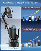 Cup Phone Holder for Car Cup Holder with Expandable Base, Detachable Dual Cellphone Holder Cupholder Car Mount with Long Arm 