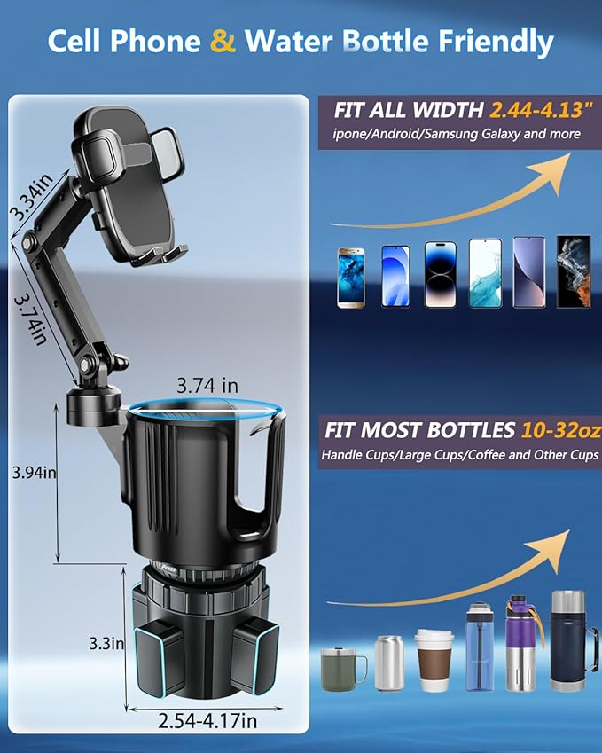 Cup Phone Holder for Car Cup Holder with Expandable Base, Detachable Dual Cellphone Holder Cupholder Car Mount with Long Arm 