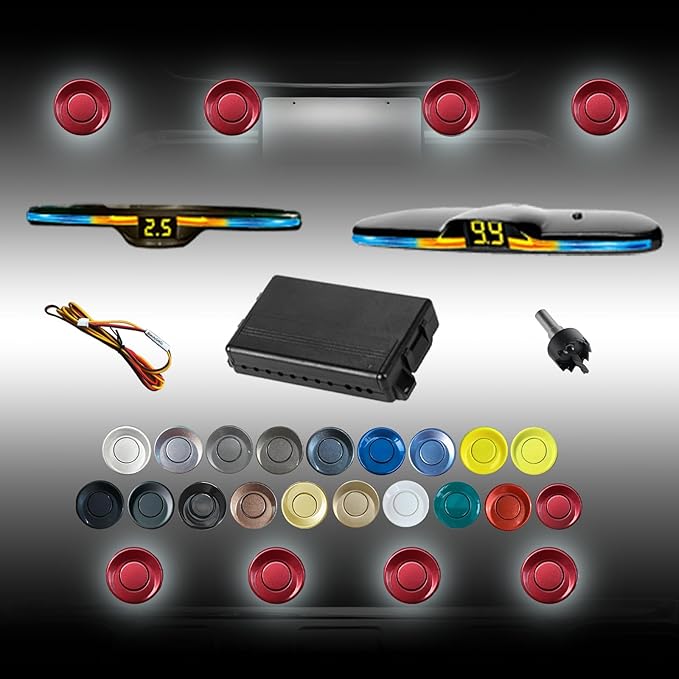 New Features Forward and Reverse Parking sensors, Option to Measure Distance in inches, bidirectional Display Option, and Customizable Digital Direction 18 Color Probes to Choose from(Dark Red)