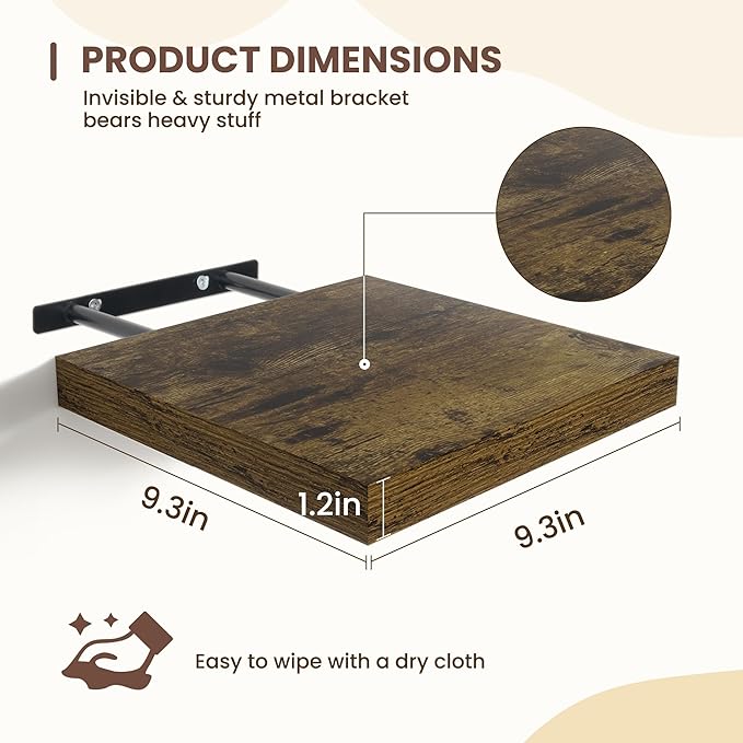 Fun Memories Square Floating Shelves for Wall - 9.3 Inch Deep Floating Shelves with Invisible Brackets, Brown Small Wall Shel