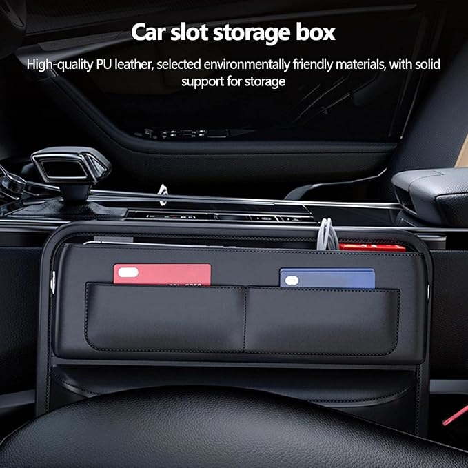 Car Seat Gap Organizer – Universal Leather Side Pocket Storage Box for SUV, Truck & Sedan, Center Console Organizer with 4 Storage Pockets, Premium Black Car Accessories for Men & Women