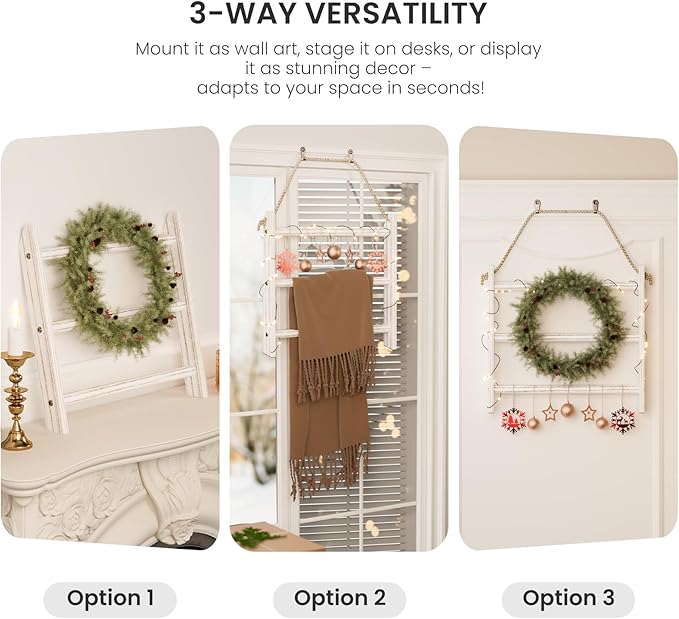 XLHOMO White Blanket Ladder Wall-Mounted, 3 Tier Wooden Rustic Mini Ladder Shelf for Living Room & Bathroom, Holder Display H