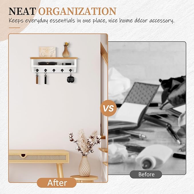 Nekon Key Holder Wall Mount, Wall Organizer Shelf with 5 Key Hooks, Room Decor for Home and Apartment Essentials, Wood and Wh