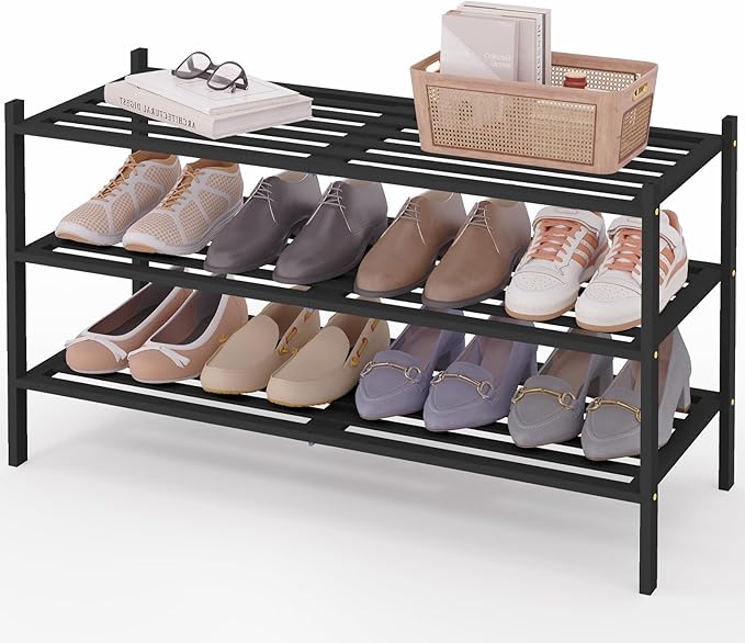 Smiry Long Bamboo Shoe Rack 3-Tier, Stackable Wooden Shoe Organizer for Entryway & Closet, Free Standing Wood Shoe Storage Sh