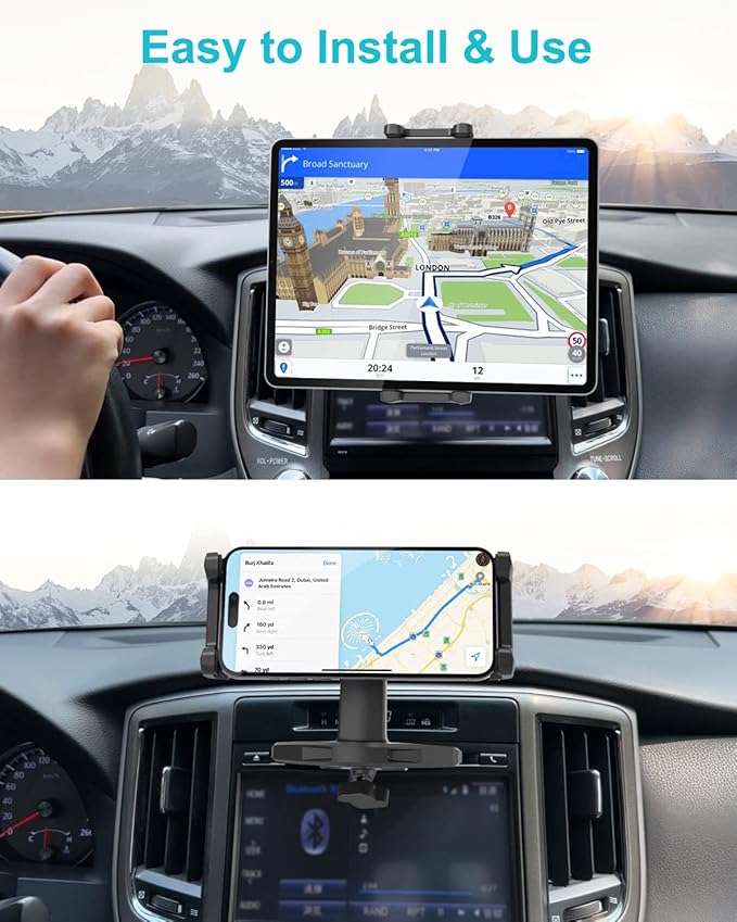 Car Tablet Holder CD Slot, Adjustable Arm CD Player Tablet Mount, 360° Rotation Vehicle CD Insert Clamp for iPad Pro 13 12.9 Mini Air, Galaxy Tab/Z Fold/Z Flip, iPhone, More 4-13" Devices