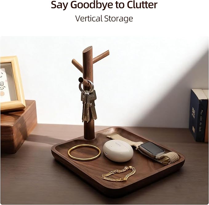 Solid Black Walnut Wooden Key Tray, Multi-Functional Key Bowl for Entryway Table, Key Holder Stand equipped with 3 Hooks, Woo
