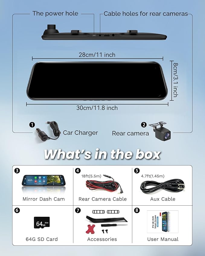 12'' Rearview Mirror Camera with CarPlay&Andorid Auto,4K Mirror Dash Cam Front and Rear Backup Camera with Reverse Assist/Loo