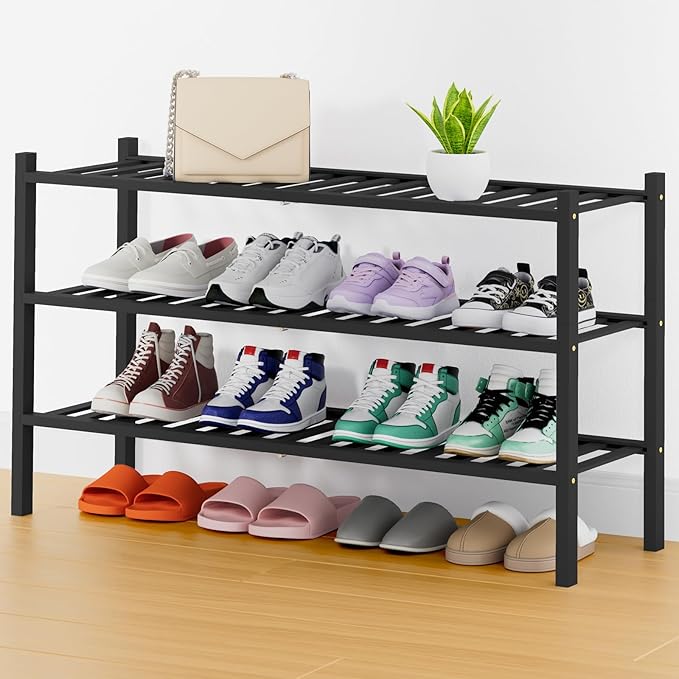 Smiry Shoe Rack, 3 Tier Thick Long Bamboo Shoe Organizer, Stackable Free Standing Wooden Shoe Storage Shelf for Closet, Entry