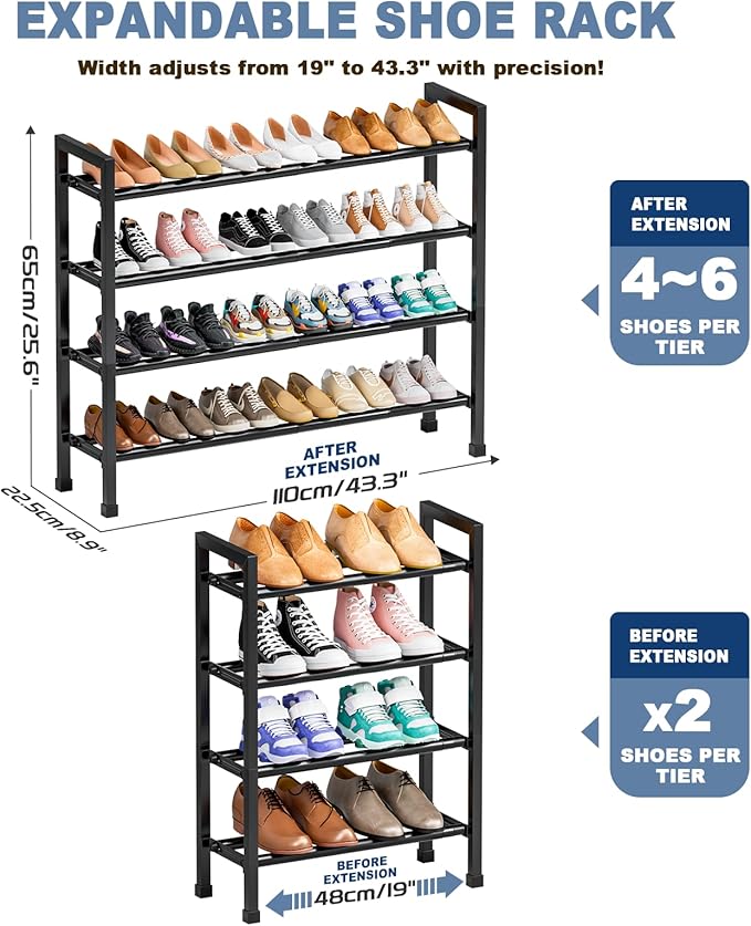 Mavivegue Expandable Shoe Rack, 4-Tier 19"-43.3" Adjustable Shoe Rack for Closet,Hall Entryway,Front Door,Garage, Sturdy Stee