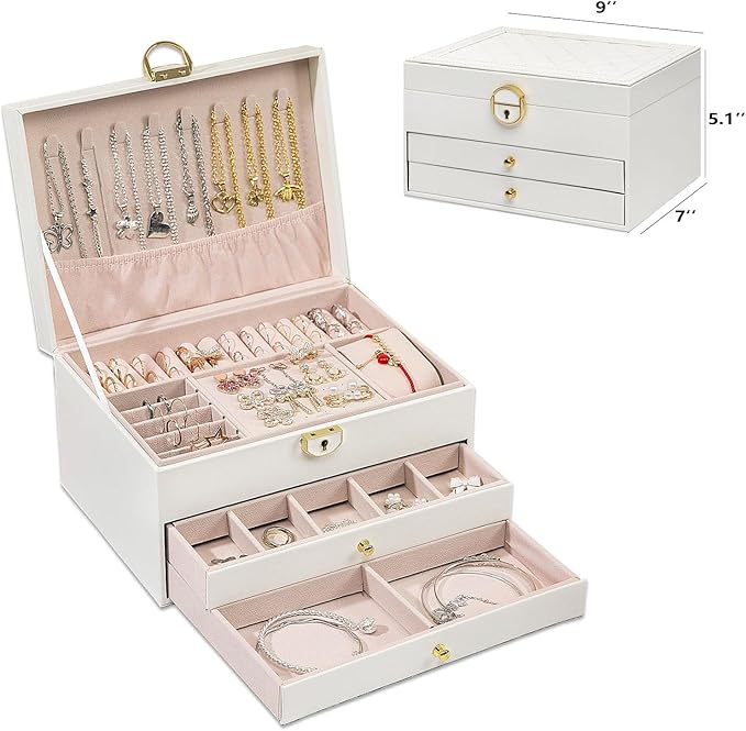 GUOER Jewelry Box for Women Girl Wife 3 Layers Large PU Leather Jewelry Organizer Storage Case with Two drawers Display for E