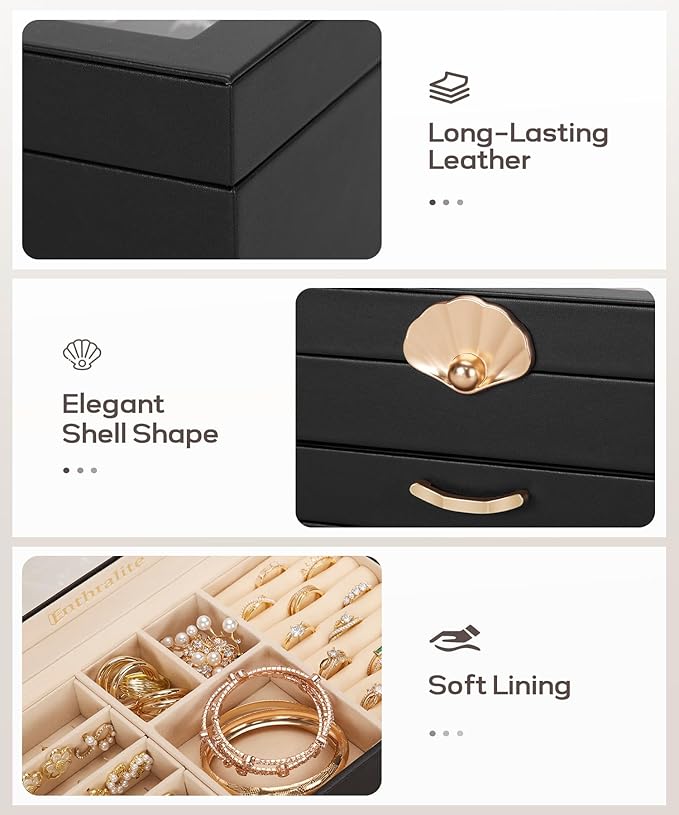 Enthralite Jewelry Box with 2 Drawers: Display Organizer for Earrings Necklaces - Gifts for Girls Women (Black)