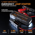 ReelCharge - Veratek V8 Pro 3000A Car Battery Jump Starter Portable (8.0L Gas & 6.0L Diesel) - 12V Lithium Battery Booster