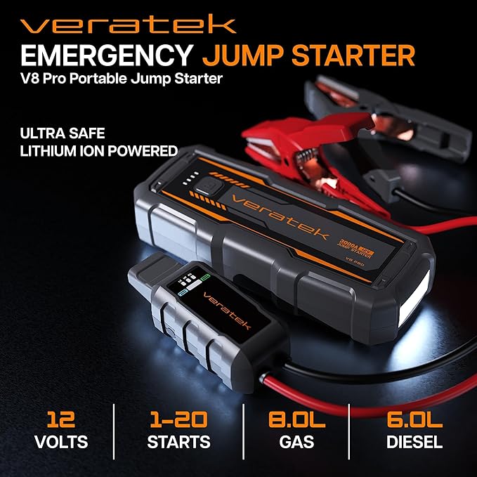 ReelCharge - Veratek V8 Pro 3000A Car Battery Jump Starter Portable (8.0L Gas & 6.0L Diesel) - 12V Lithium Battery Booster