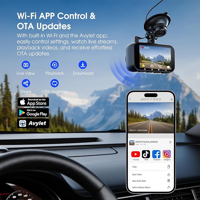 Avylet 4K/2.5K+1080P Dash Cam Front and Rear, 5G WiFi APP Dash Camera for Cars with 64GB Card, ADAS Lane Assist, 2.7”IPS Scre