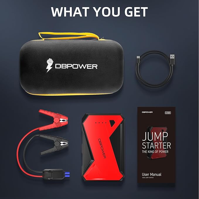 DBPOWER 1000A Portable Car Jump Starter (UP to 7.0L Gas, 5.5L Diesel Engine), 12V Lithium-Ion Auto Battery Booster, Power Pack with LCD Screen Clamp Cables,USB Quick Charge, LED Flashlight