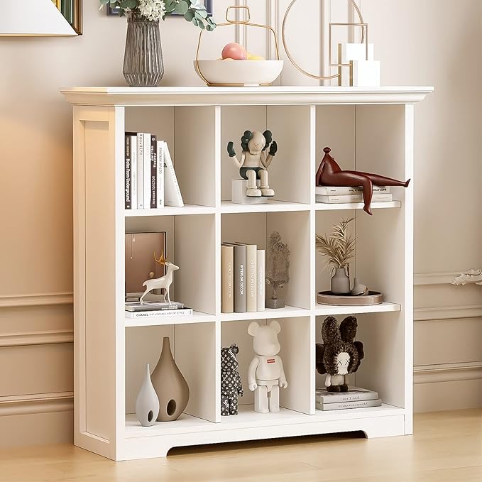 OSCHF Wooden Cube Shelf Bookcase - Modern 3 Tiers Floorstanding Open Bookshelf with Base for Home and Office, 9 Cubes Storage