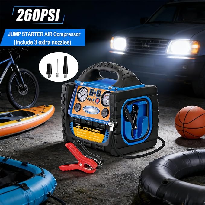 Car Jump Starter with Air Compressor, 2200A Battery Jumper Starter Portable with 260 PSI Tire Inflator, 12V Jump Box