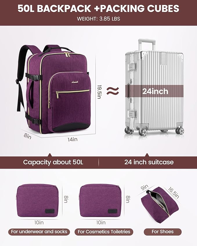 LOVEVOOK Travel Backpack for Women & Men 50L,Airline Approved Carry On Backpack Travel Essential,TSA Carry on Luggage,Waterpr
