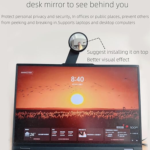 Premium Adjustable Computer Monitor Rear View Mirror，Desk Blindspot Office Cubicle to See Behind You，Stick-on Convex Mirror with Bracket for Personal Safety or Privacy Decor Accessories (Black)