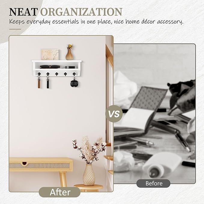 Nekon Key Holder Wall Mount, Wall Organizer Shelf with 5 Key Hooks, Room Decor for Home and Apartment Essentials, White