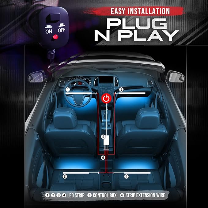 OPT7 Aura Interior Car Lights with Remote Control, Color Change, Music Sync Inside Ambient Lighting Kit, LED Light for Cars Trucks Under Dash Accessories, 4pc Single LED Strip, Easter Gifts