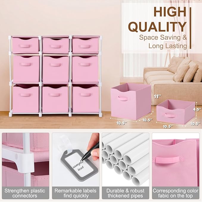 9 Cube Storage Organizer Shelf with Storage Bins and Label, 11 Inch Toy Cube Bins Clothes Closet Organizers Drawers Fabric Dr