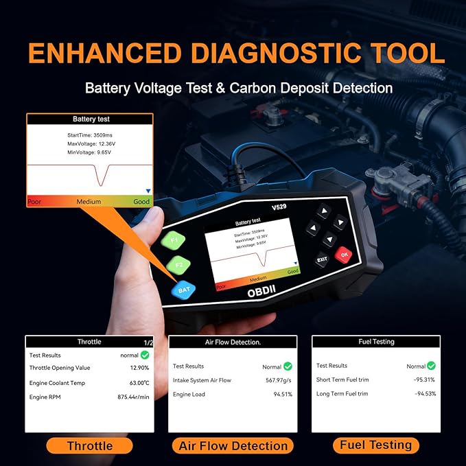 Enhanced OBD2 Scanner Diagnostic Tool - Check Engine Code Reader with Battery Tester, EVAP, Live Data, Mode 6/8, Professional