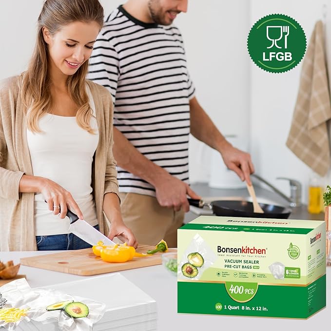 Bonsenkitchen Vacuum Sealer Bags,400 Quart 8" x 12" Precut Food Sealer Bags, Commercial Grade, BPA Free, Heavy Duty, Customiz