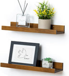 16 Inches Floating Shelves for Wall, Solid Pine Wood Picture Ledge Shelves, Walnut Wall Shelves with Lips, Nursery Book Shelv