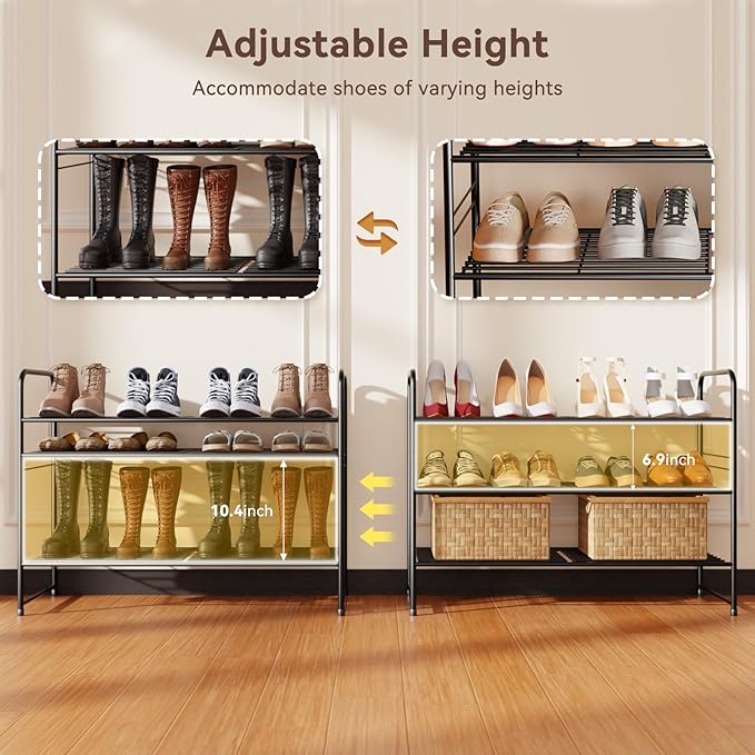 Shoe Rack, 3 Tier Metal Shoe Shelf Organizer for Entryway, Floor, Stackable & Height-Adjustable, Black