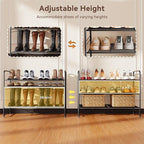 Shoe Rack, 3 Tier Metal Shoe Shelf Organizer for Entryway, Floor, Stackable & Height-Adjustable, Black