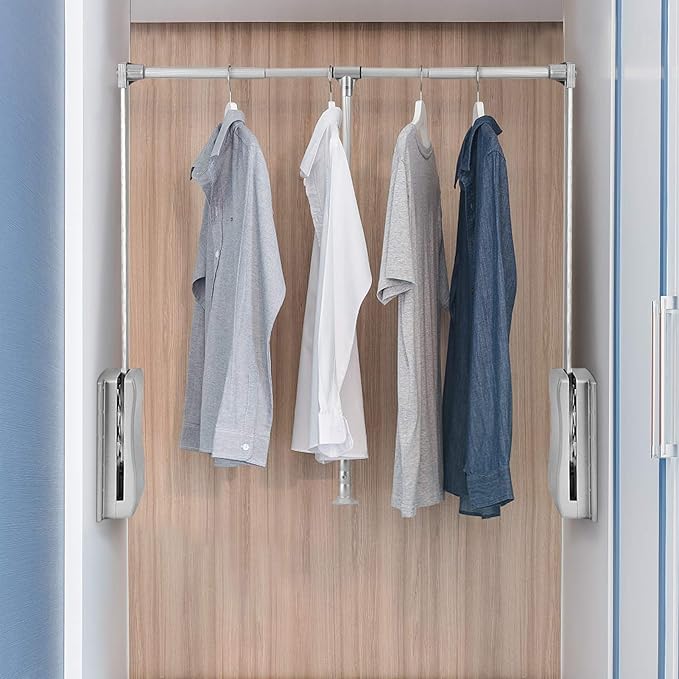 Pull Down Closet Rod, Adjustable Wardrobe Organizer Clothing Rail For Hanging Clothes Heavy Duty Clothes Rod Hanger Soft Retu