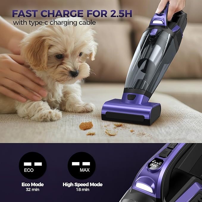 Pet Hair Handheld Vacuum Cordless: 20000PA High Power Car Vacuum with Motorized Brush and LED Light, Rechargeable Hand Held V