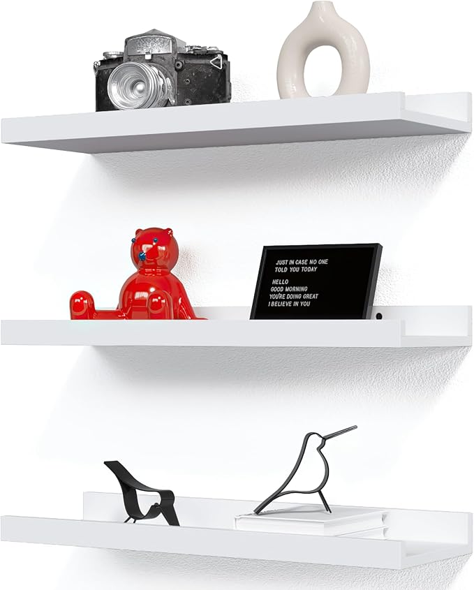 RICHER HOUSE 3 Set White Floating Shelves, 16 inches Wall Mounted White Shelves for Wall Decor, Picture Ledge Shelf with Lip 