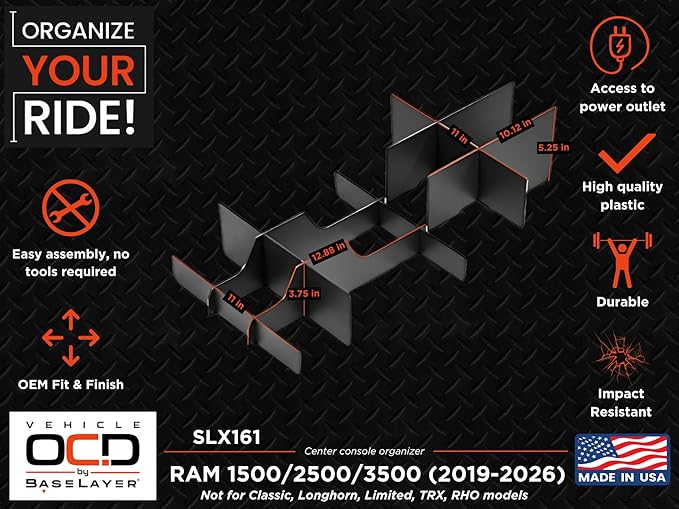 Vehicle OCD - Lower Center Console Organizer for RAM 1500/2500/3500 (2019-2026) (NOT for Classic, Longhorn, Limited) (NOT for TRX, RHO, Rebel GX with console mounted shifter) - Made in USA - SLX161
