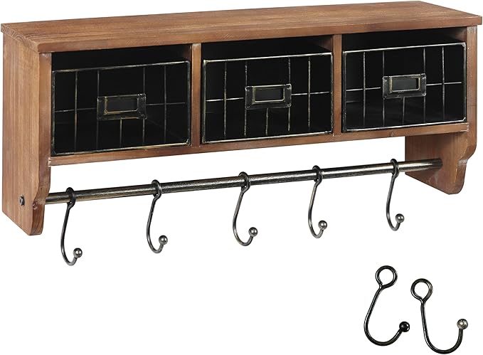 BizChair Wall Mounted Storage Rack - Rustic Brown Solid Pine Wood - 24 Inch - Upper Shelf - 5 Hooks - Wire Baskets - For Entr