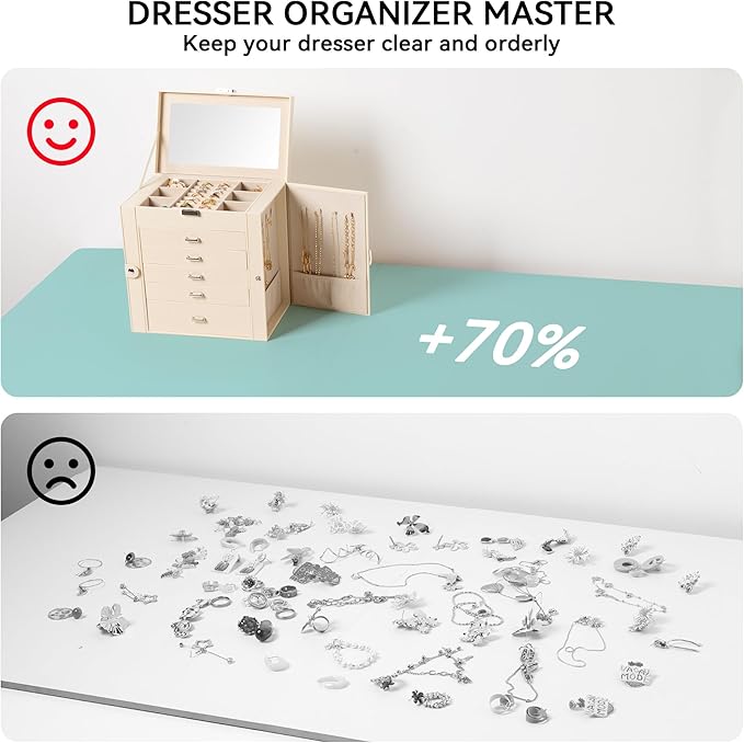 Frebeauty Large Jewelry Box,6-Tier PU Leather Jewelry Organizer,Multi-functional Storage Case with Mirror,Accessories Holder 